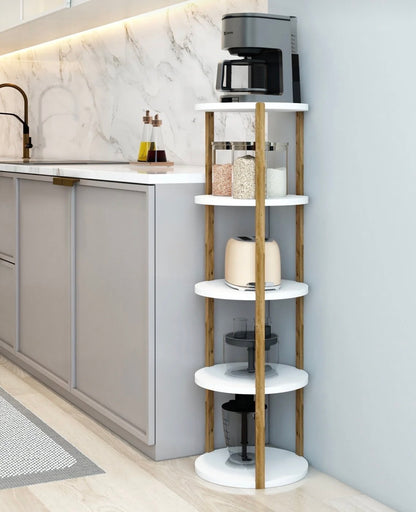 Jest Decor 5-Miray Rund Hvit Hylle i Tre – 5 Etasjer | Sidebord, Plantehylle og Dekorativ Oppbevaringshylle