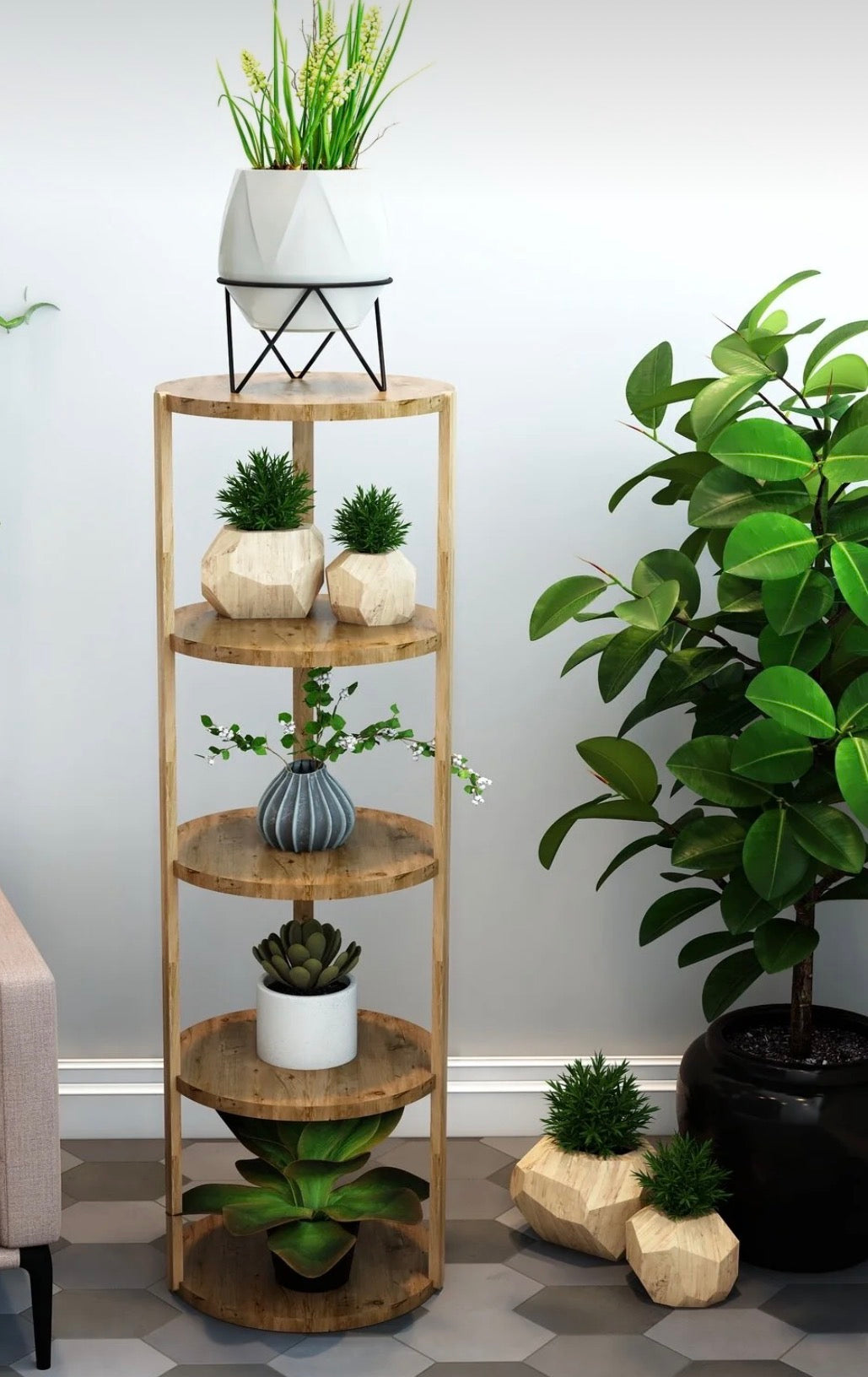Jest Decor 6-Miray Rund Hylle i Atlantisk Furu – 5 Etasjer | Sidebord, Plantehylle og Dekorativ Oppbevaringshylle i Tre
