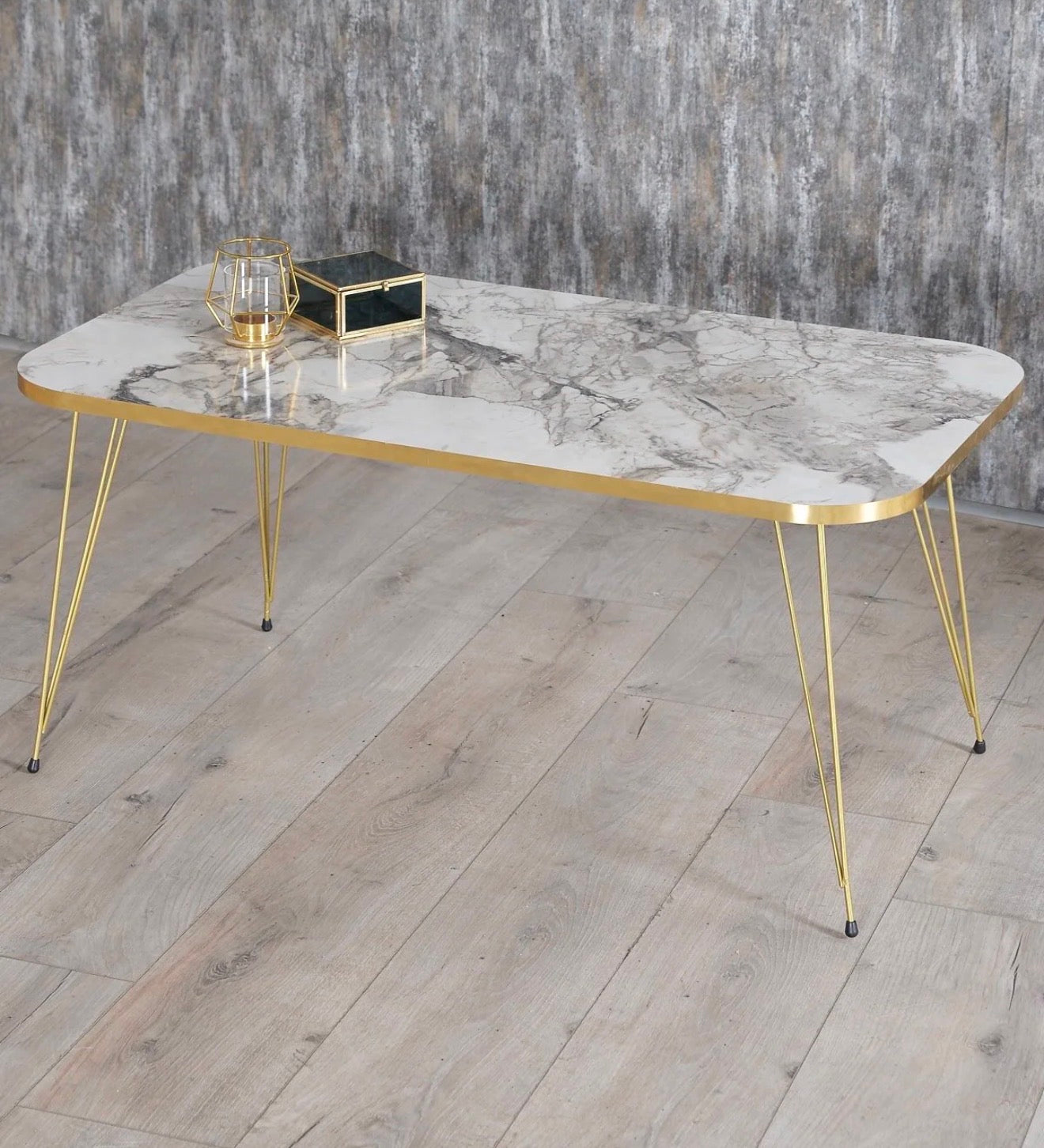 Goldfalez 2026 Sofabord – Gull &amp; Hvit/Efes Design | Moderne Stuebord 90x50 cm