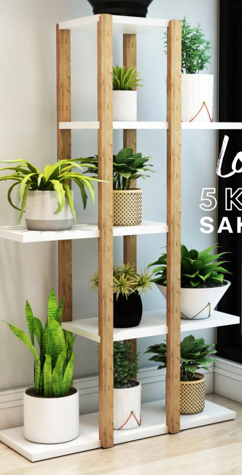 Jest Decor 3-Lotus Hvit Plantehylle i Tre – 5 Etasjer | Blomsterstativ, Saksestativ og Dekorativ Oppbevaringshylle