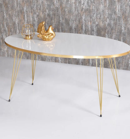 Goldfalez 2028 Sofabord – Oval Design med Gull &amp; Hvit Metallramme | Moderne Stuebord 90x50 cm