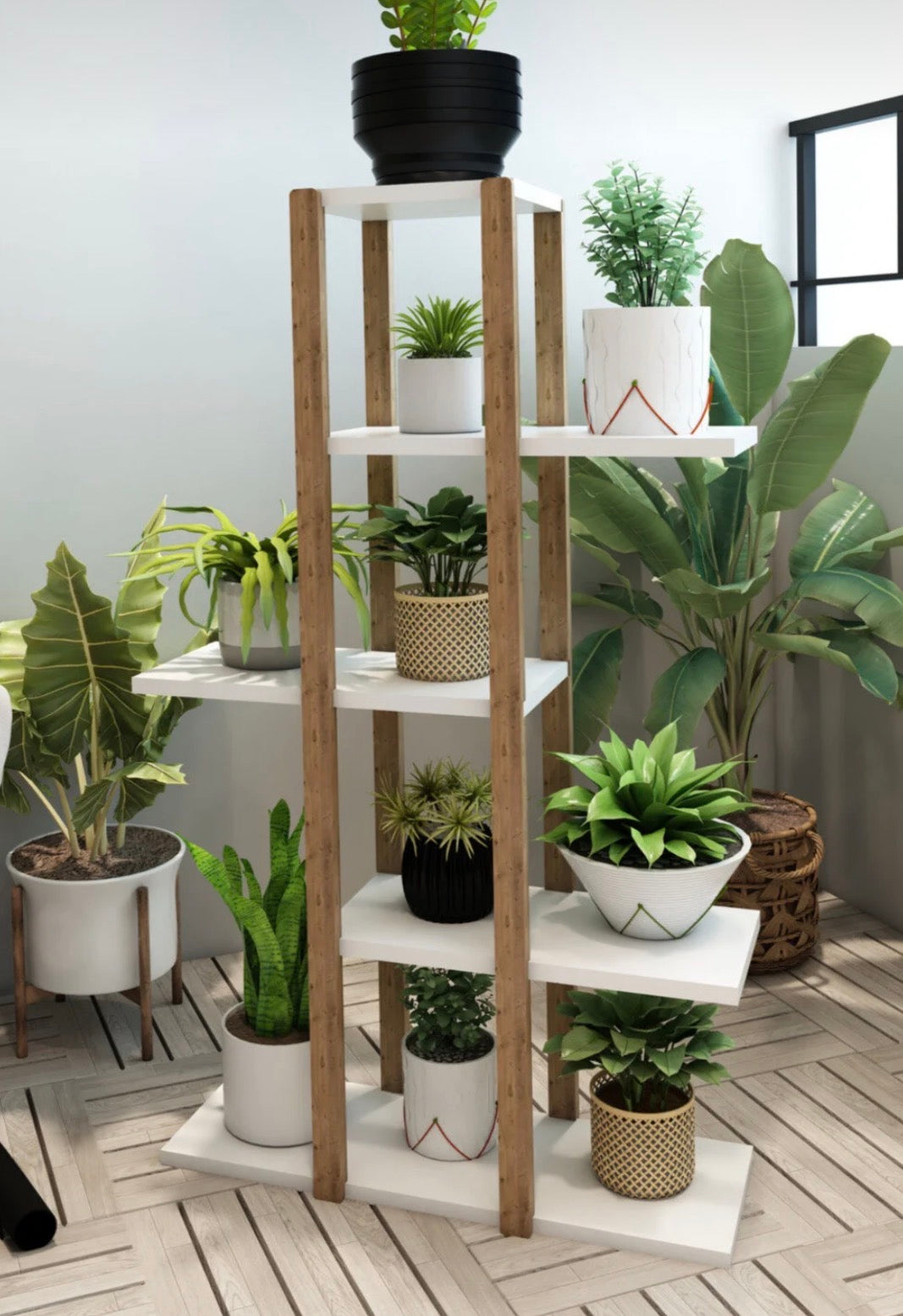 Jest Decor 3-Lotus Hvit Plantehylle i Tre – 5 Etasjer | Blomsterstativ, Saksestativ og Dekorativ Oppbevaringshylle