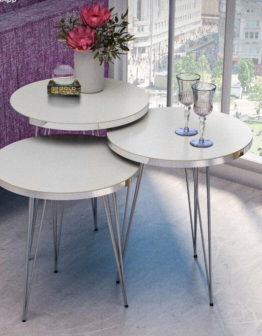 GOLDFALEZ  1093-3-delt Zigonbord – Sølv &amp; Krem | Moderne Sidebord med Metallben