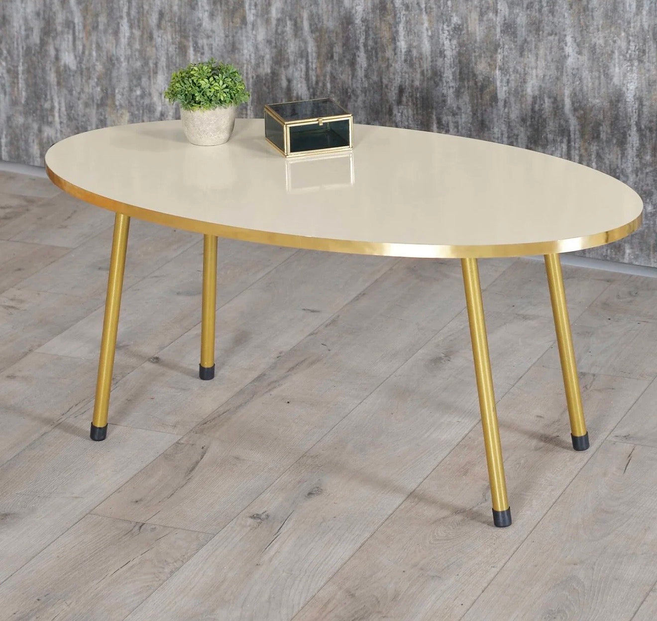 Goldfalez 3078 Sofabord + Zigonbord Sett (4 deler) – Gull &amp; Krem | Oval Design med Metallben