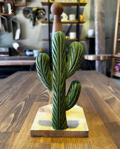 Kütük Shop 11-Håndlaget Treserviettholder / Kjøkkenpapirrullholder – Kaktusdesign, Mintgrønn