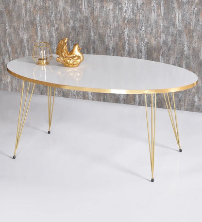 Goldfalez 2028 Sofabord – Oval Design med Gull &amp; Hvit Metallramme | Moderne Stuebord 90x50 cm