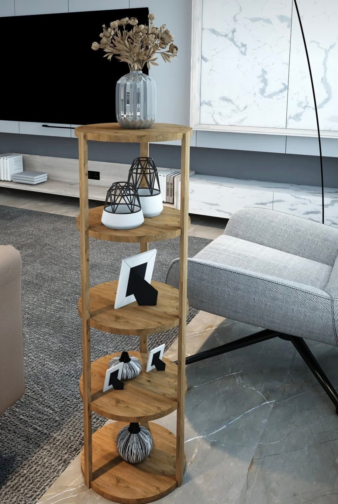 Jest Decor 6-Miray Rund Hylle i Atlantisk Furu – 5 Etasjer | Sidebord, Plantehylle og Dekorativ Oppbevaringshylle i Tre