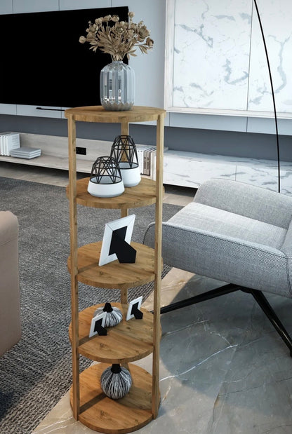 Jest Decor 6-Miray Rund Hylle i Atlantisk Furu – 5 Etasjer | Sidebord, Plantehylle og Dekorativ Oppbevaringshylle i Tre