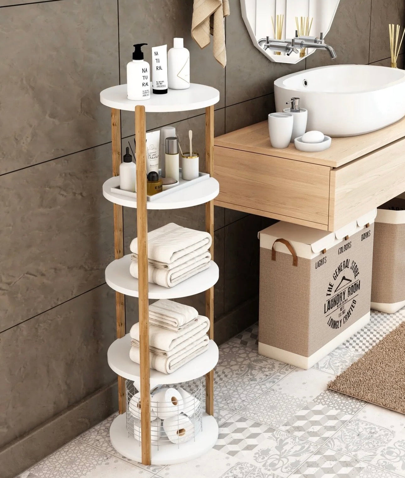 Jest Decor 5-Miray Rund Hvit Hylle i Tre – 5 Etasjer | Sidebord, Plantehylle og Dekorativ Oppbevaringshylle
