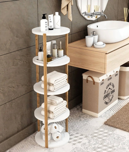 Jest Decor 5-Miray Rund Hvit Hylle i Tre – 5 Etasjer | Sidebord, Plantehylle og Dekorativ Oppbevaringshylle
