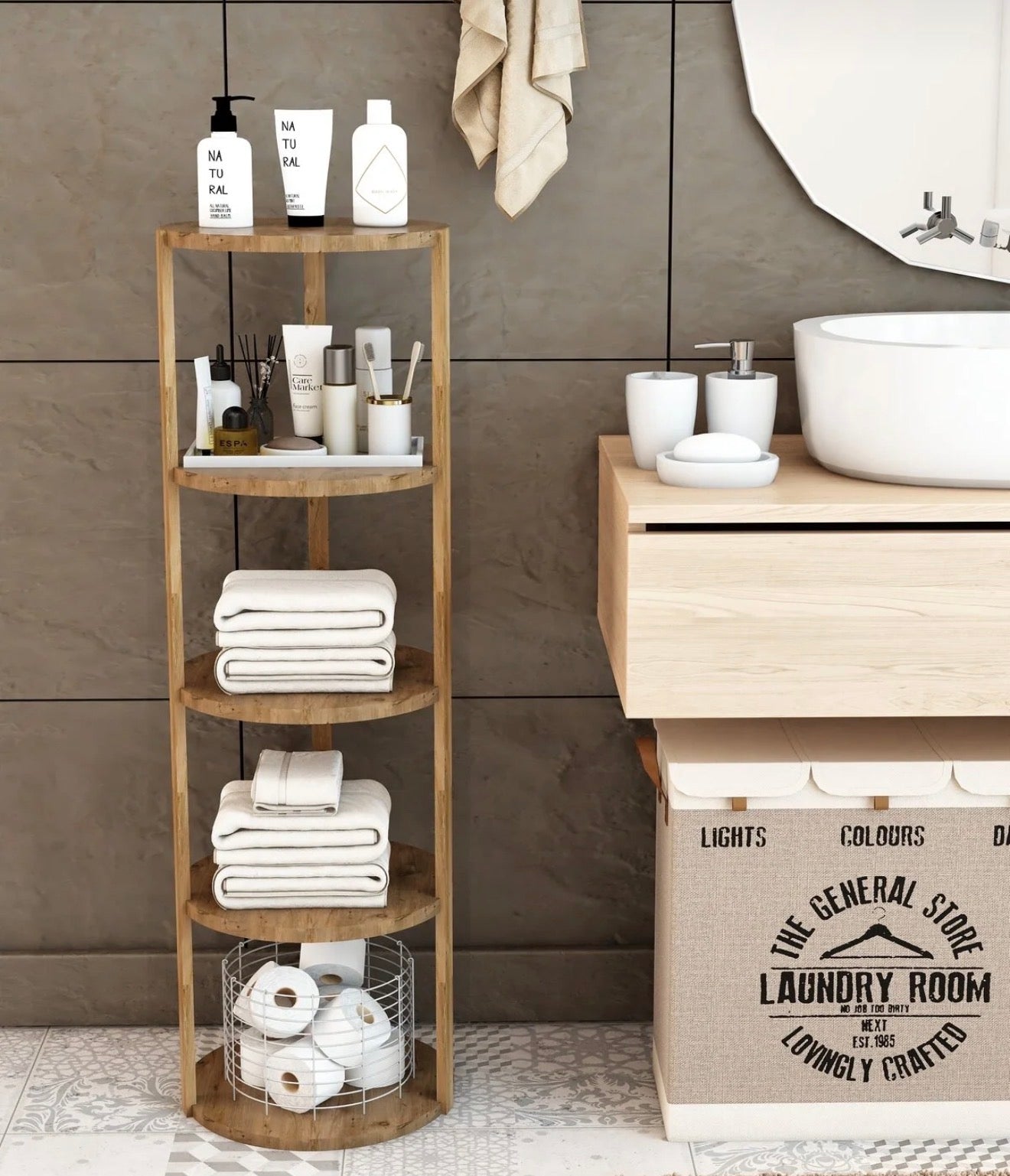 Jest Decor 6-Miray Rund Hylle i Atlantisk Furu – 5 Etasjer | Sidebord, Plantehylle og Dekorativ Oppbevaringshylle i Tre