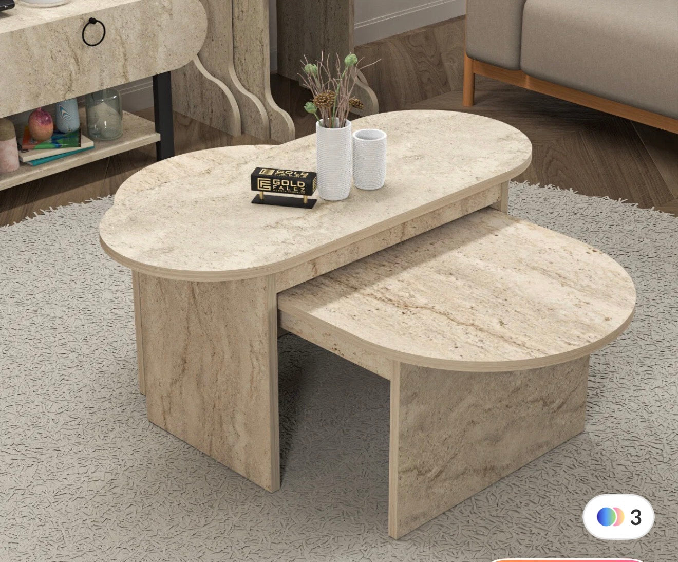GOLDFALEZ 3 Sofabord &amp; Sidebord Sett (2 stk) – Travertin / Marmor Look | Skandinavisk Design