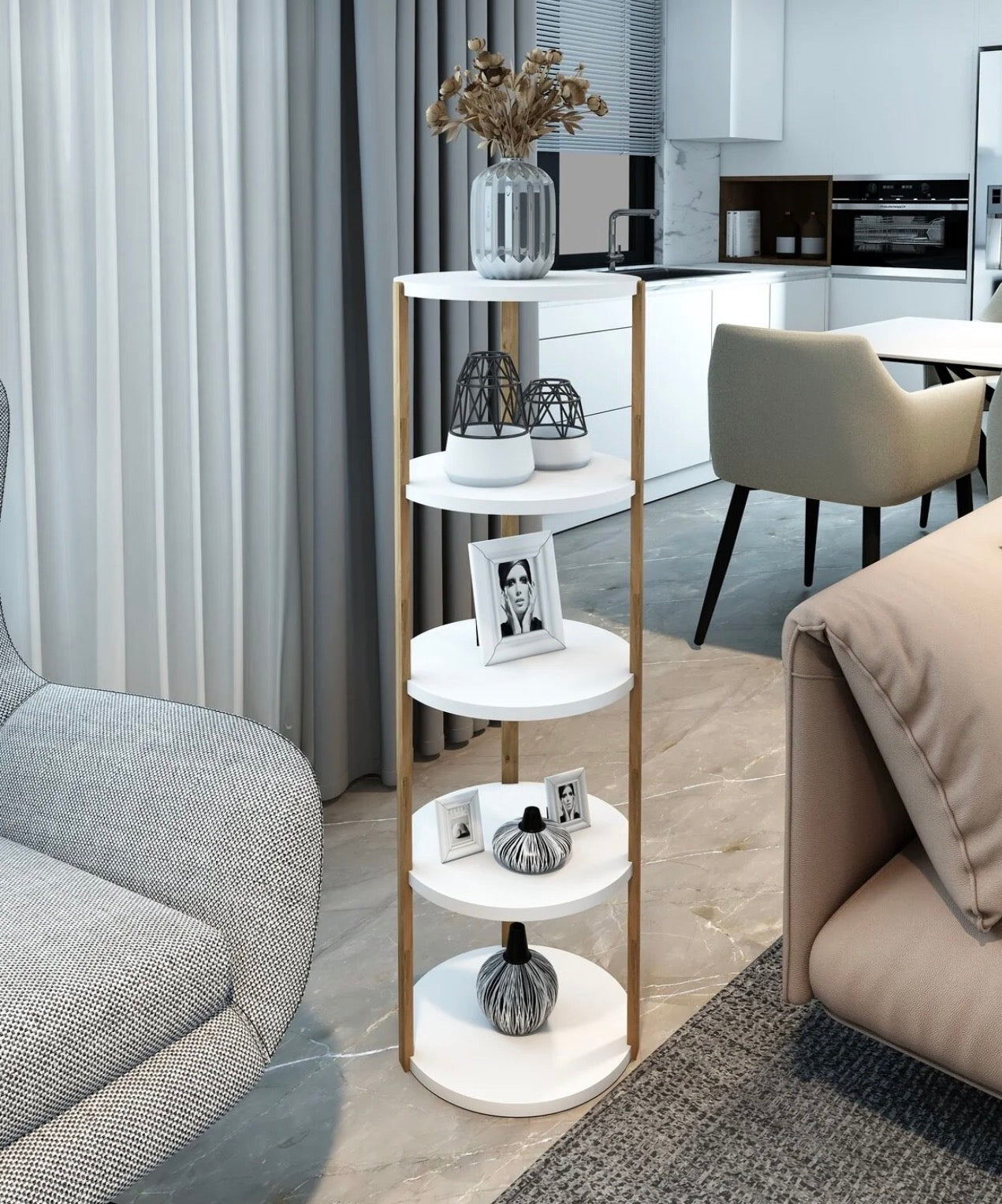 Jest Decor 5-Miray Rund Hvit Hylle i Tre – 5 Etasjer | Sidebord, Plantehylle og Dekorativ Oppbevaringshylle