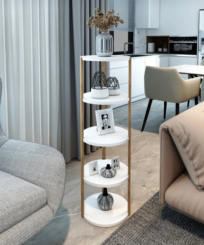 Jest Decor 5-Miray Rund Hvit Hylle i Tre – 5 Etasjer | Sidebord, Plantehylle og Dekorativ Oppbevaringshylle