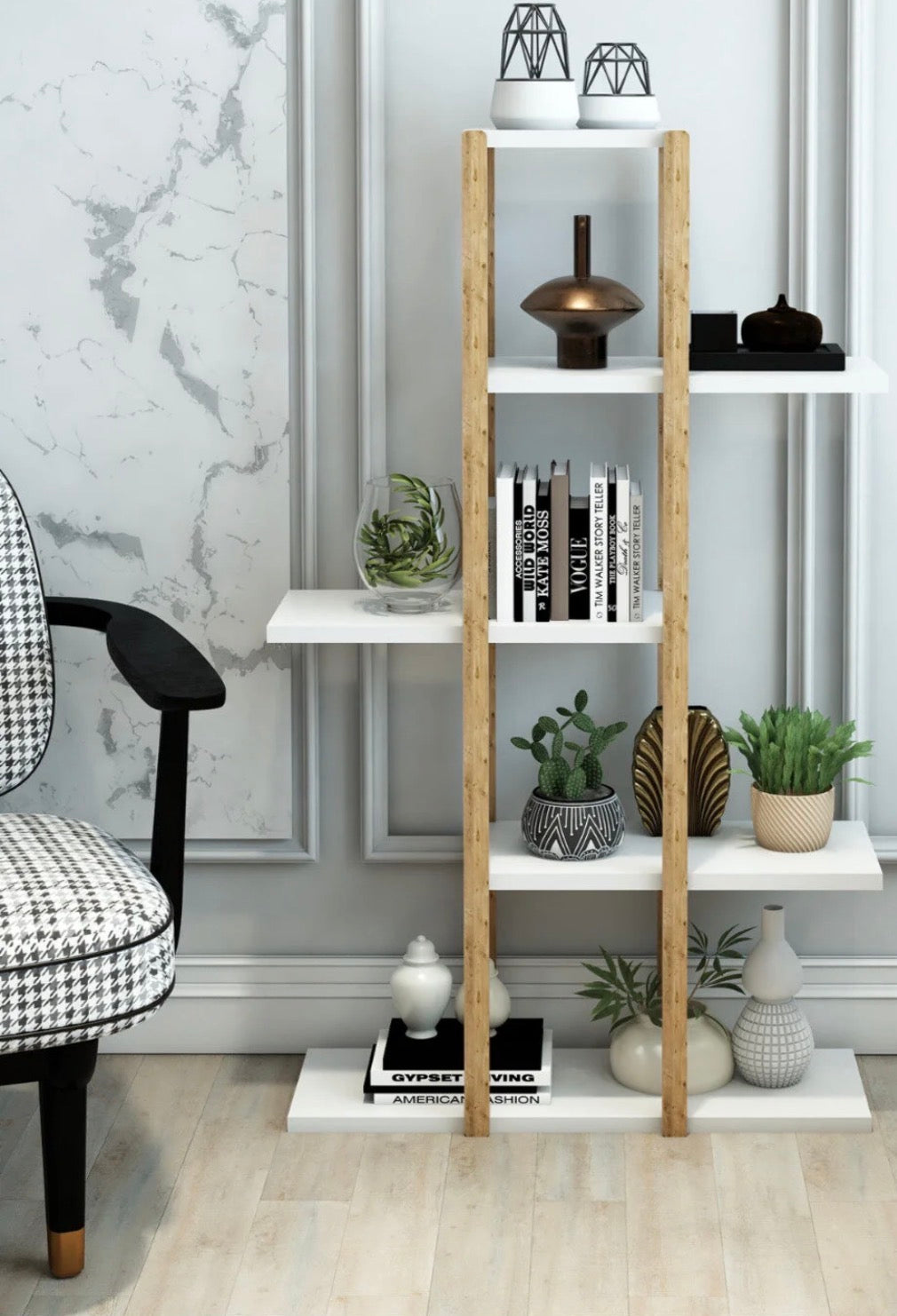 Jest Decor 3-Lotus Hvit Plantehylle i Tre – 5 Etasjer | Blomsterstativ, Saksestativ og Dekorativ Oppbevaringshylle