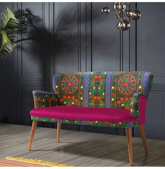 Azra Aksesuar Double Sofa - Etnisk Mønster - Nubuk Stoff - Treben - Fuchsia