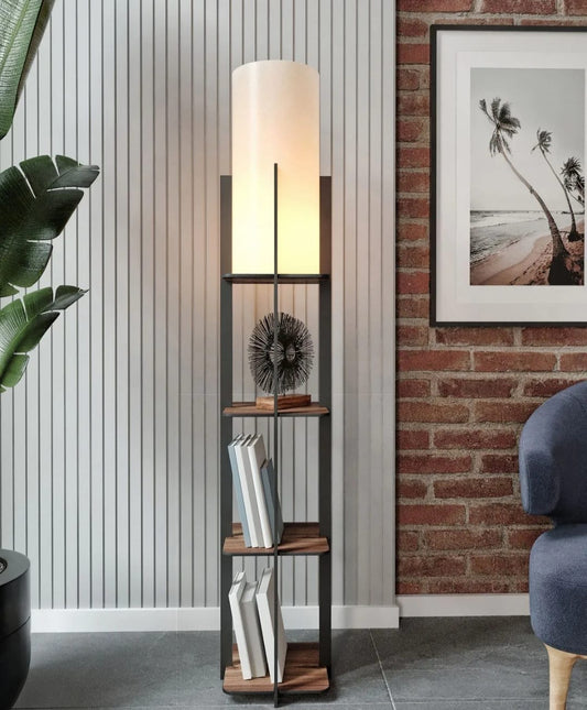 Halımax Dekorativ Gulvlampe med Hylle – Svart Tre | Moderne &amp; Funksjonell